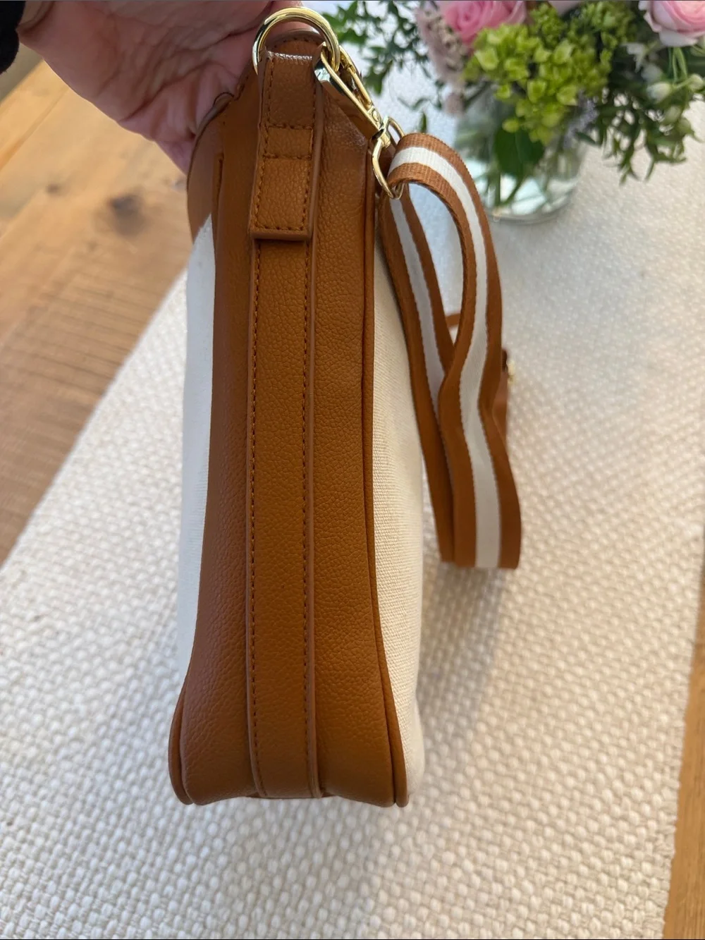 C. Wonder Beige Canvas Crossbody with Brown Trim and Striped Strap